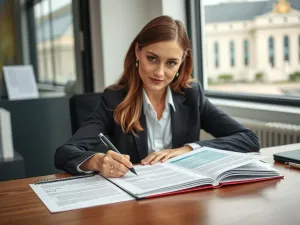 Kobieta siedzi przy biurku i wypełnia dokumenty aplikacyjne do urzędu, obok leży CV i list motywacyjny.