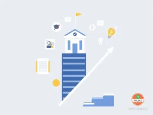 Grafika przedstawiająca ścieżkę kariery w Urzędzie Skarbowym, z elementami symbolizującymi rekrutację, rozwój i stabilność zatrudnienia.