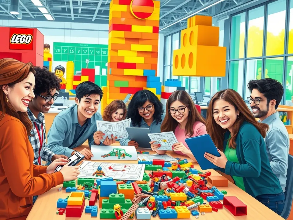 Ilustracja przedstawiająca pracownika Grupy LEGO w centrum kreatywności, otoczonego klockami LEGO i innowacyjnymi projektami.