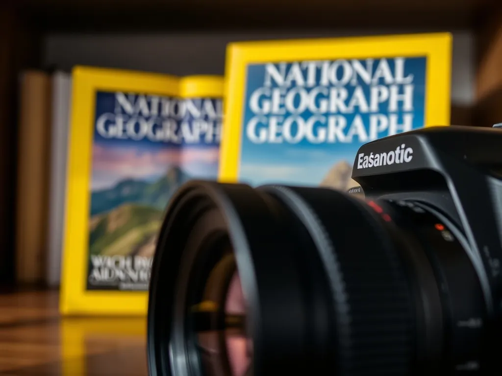 A close-up of a professional camera lens, slightly blurred, with the iconic yellow border of a National Geographic magazine cover in the background, subtly hinting at adventure and exploration. The overall mood should be inspiring and aspirational for aspiring photographers.
