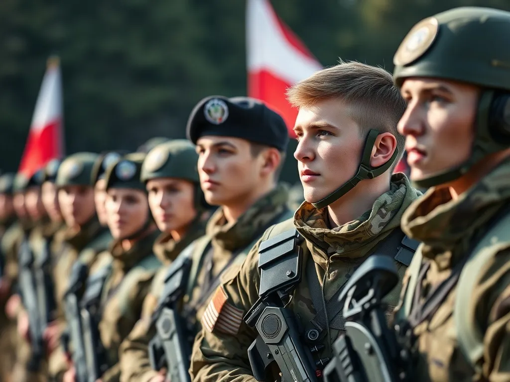 Grupa młodych, zdeterminowanych osób w mundurach wojskowych podczas szkolenia, z polską flagą w tle, symbolizująca drogę do zostania żołnierzem zawodowym.