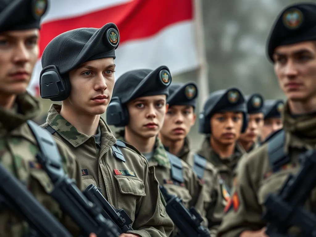 Grupa młodych, zdeterminowanych osób w mundurach wojskowych podczas szkolenia, z polską flagą w tle, symbolizująca drogę do zostania żołnierzem zawodowym.