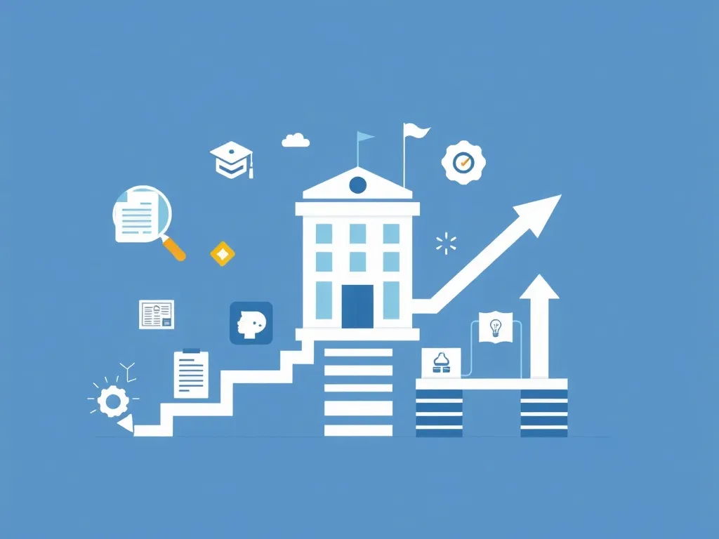 Grafika przedstawiająca ścieżkę kariery w Urzędzie Skarbowym, z elementami symbolizującymi rekrutację, rozwój i stabilność zatrudnienia.