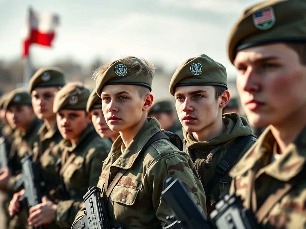 Grupa młodych, zdeterminowanych osób w mundurach wojskowych podczas szkolenia, z polską flagą w tle, symbolizująca drogę do zostania żołnierzem zawodowym.