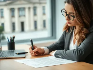 Kobieta siedzi przy biurku i wypełnia dokumenty aplikacyjne do urzędu, obok leży CV i list motywacyjny.