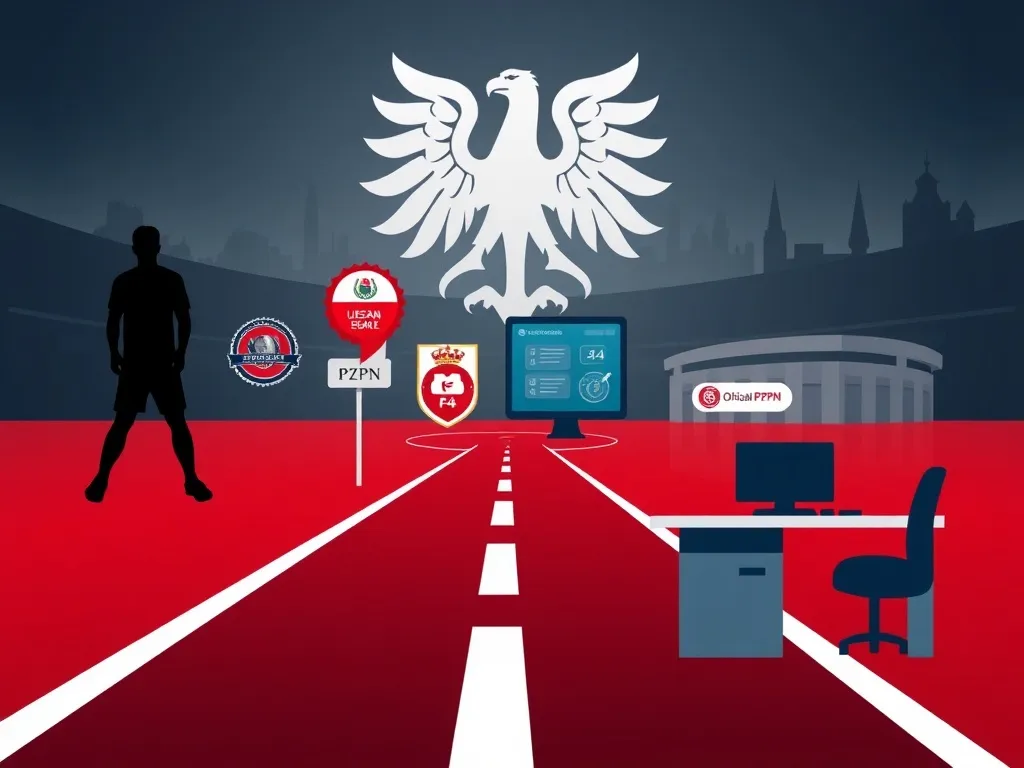 Grafika przedstawiająca drogę kariery w Polskim Związku Piłki Nożnej, od licencji trenerskich po możliwość pracy w strukturach związku.