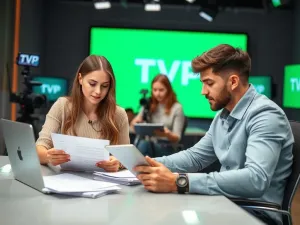 Kobieta i mężczyzna siedzą przy biurku, przeglądając oferty pracy w Telewizji Polskiej. Tło to nowoczesne studio telewizyjne z logotypem TVP.