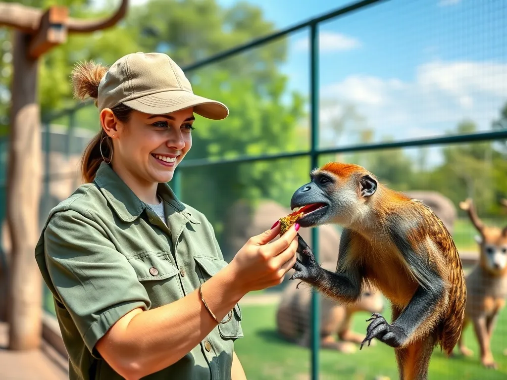 Uśmiechnięty pracownik zoo w uniformie karmiący zwierzę z troską, w tle piękny i zadbany wybieg z innymi zwierzętami