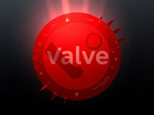 Grafika przedstawiająca kultową logo Valve z elementami symbolizującymi gry komputerowe i innowacje technologiczne.