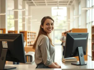 Osoba uśmiechnięta pracująca za ladą w jasnej, nowoczesnej bibliotece, porządkująca książki i pomagająca czytelnikowi.