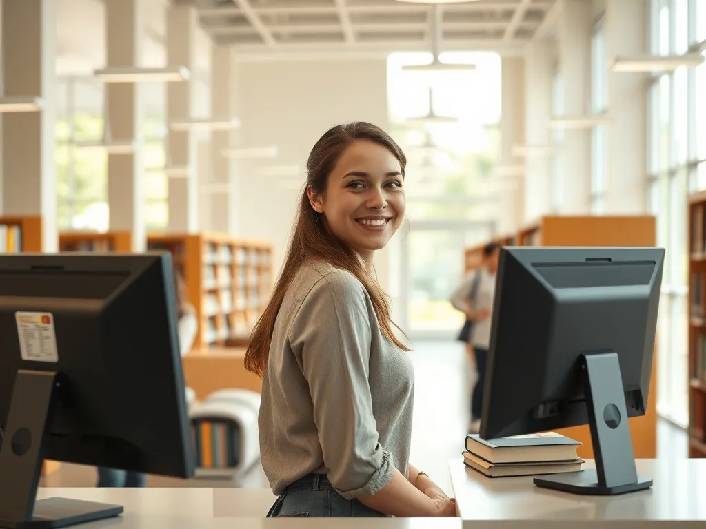 Osoba uśmiechnięta pracująca za ladą w jasnej, nowoczesnej bibliotece, porządkująca książki i pomagająca czytelnikowi.
