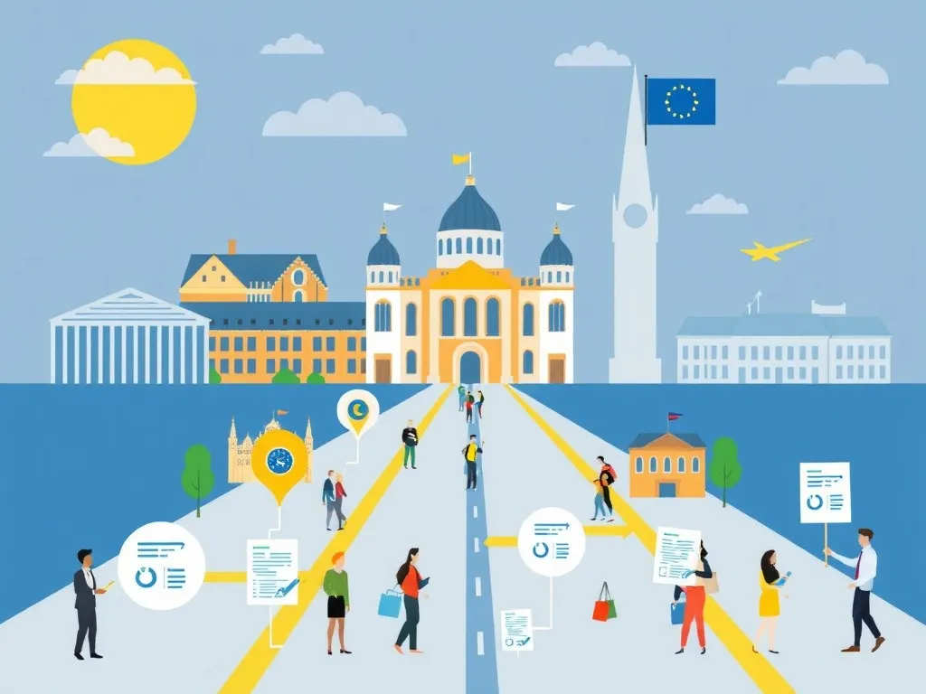 Ilustracja przedstawiająca ścieżki kariery w instytucjach Unii Europejskiej, z wyraźnym zaznaczeniem Parlamentu Europejskiego i procesu rekrutacji przez EPSO.