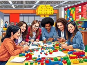 Ilustracja przedstawiająca pracownika Grupy LEGO w centrum kreatywności, otoczonego klockami LEGO i innowacyjnymi projektami.