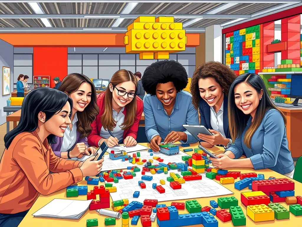 Ilustracja przedstawiająca pracownika Grupy LEGO w centrum kreatywności, otoczonego klockami LEGO i innowacyjnymi projektami.