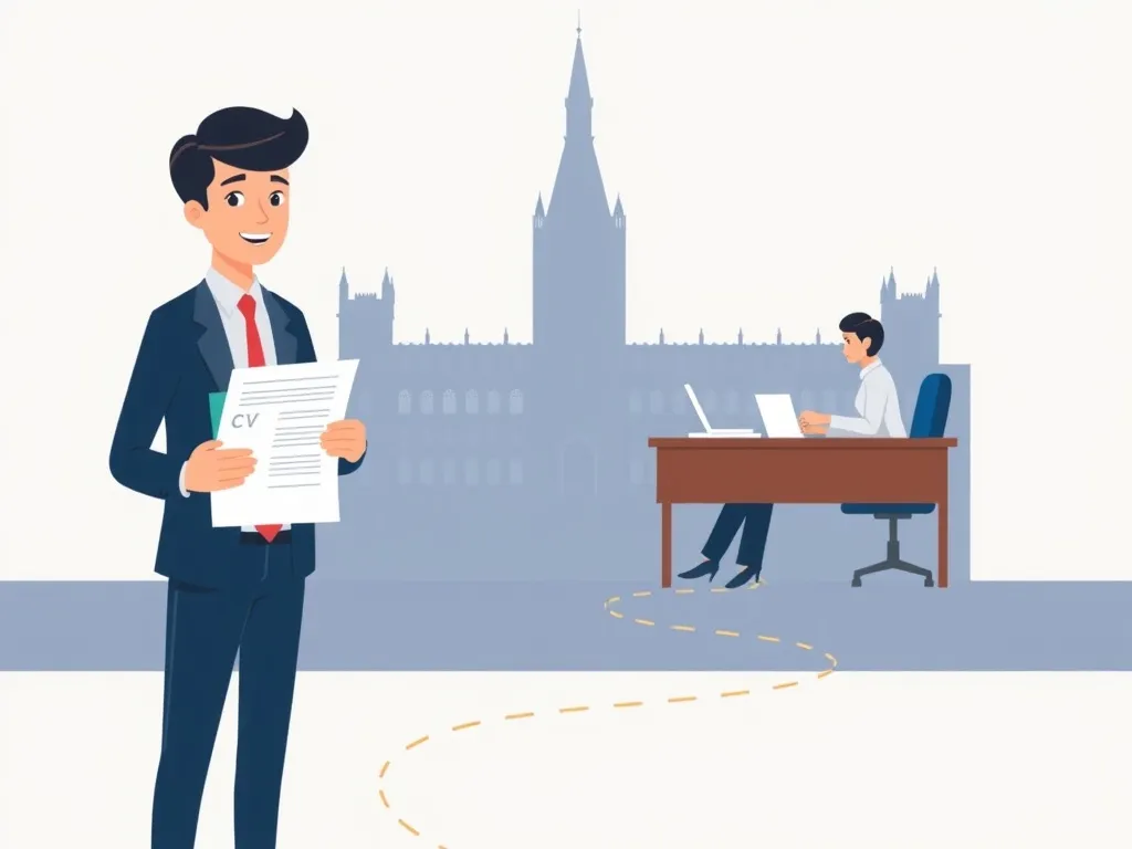 Ilustracja przedstawiająca drogę do kariery w biurze poselskim – od stażysty do eksperta.