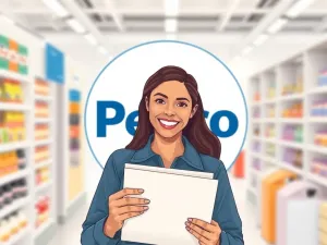 Ilustracja przedstawiająca uśmiechniętego kandydata trzymającego w ręku kopertę z dokumentami aplikacyjnymi, stojącego przed logo Pepco. Tło jest rozmyte i sugeruje przyjazne środowisko pracy, może zawierać elementy sklepu lub biura.