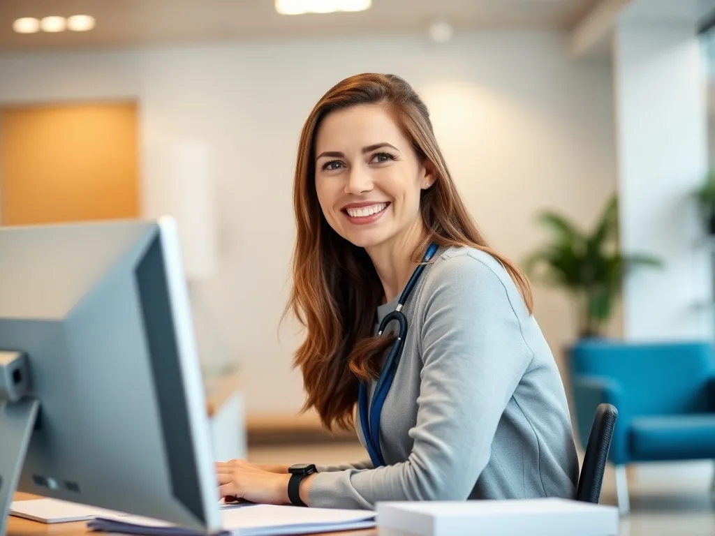 Kobieta w profesjonalnym stroju siedzi przy recepcji w nowoczesnej placówce medycznej, uśmiecha się do pacjenta i wydaje się być dobrze zorganizowana.
