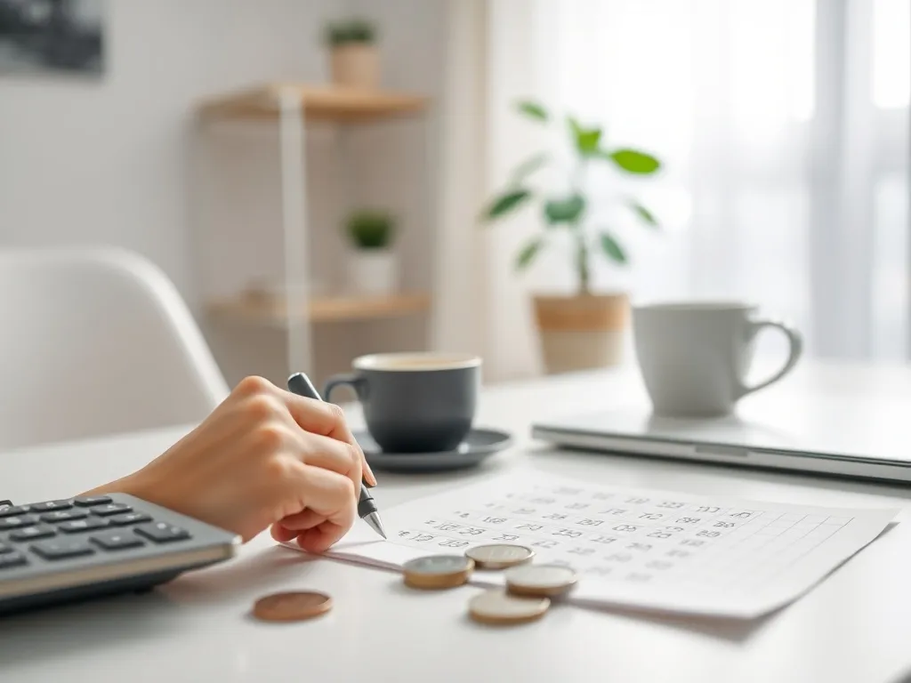 Ręka licząca kwotę na kartce z kalkulatorem i monetami, symbolizująca obliczanie pensji netto z 2500 zł brutto.