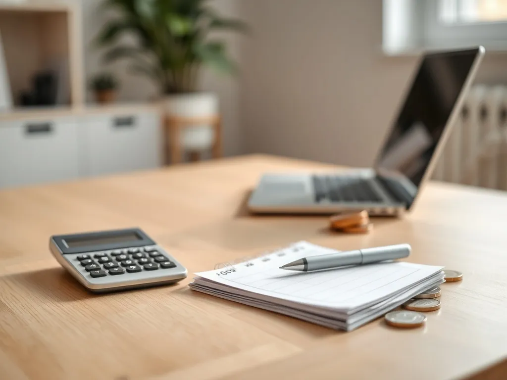 Kalkulator, notatnik i uporządkowane banknoty na biurku, ilustrujące obliczanie wynagrodzenia netto na brutto