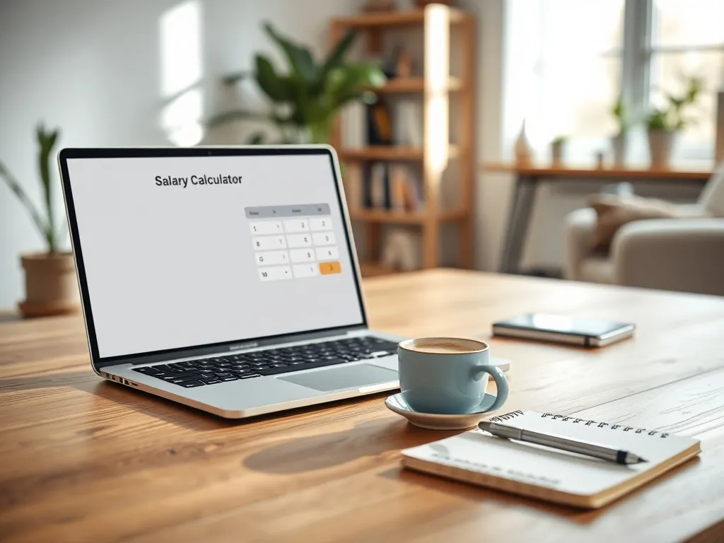Minimalistyczne biurko z laptopem i notatnikiem, symbolizujące obliczanie pensji brutto-netto w spokojnym domowym biurze.