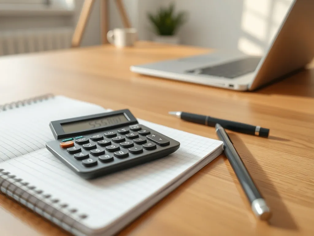 Eleganckie biurko z kalkulatorem, notesem i laptopem, symbolizujące obliczanie wynagrodzenia brutto na netto.