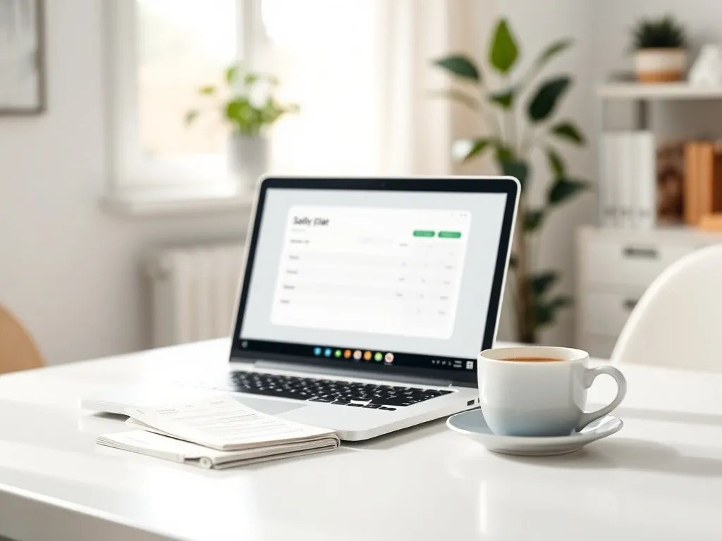 Laptop z kalkulatorem pensji na białym biurku obok pasków wypłaty i kawy, w spokojnym, domowym biurze.