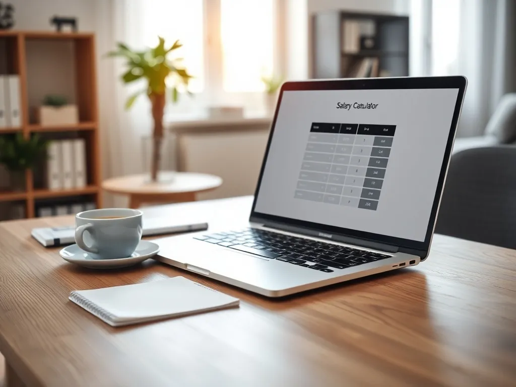 Minimalistyczne biurko z laptopem z kalkulatorem pensji, notatnikiem i kawą, tworzące spokojną, profesjonalną atmosferę.