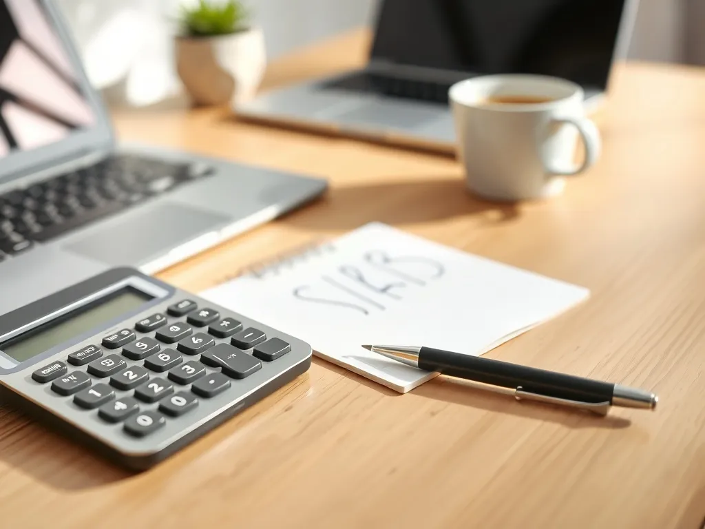 Biurko z kalkulatorem, notesem i laptopem w jasnym biurze domowym, symbolizujące obliczanie pensji netto z kwoty brutto.