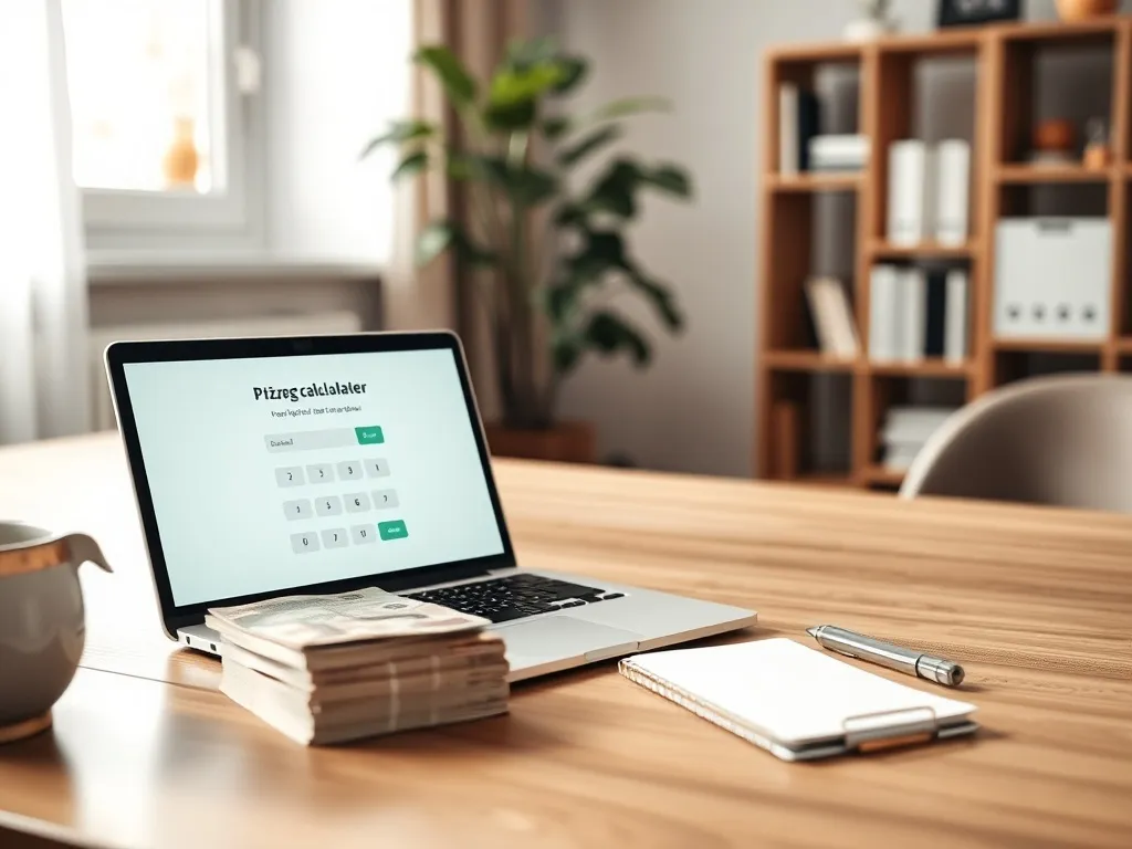 Laptop z kalkulatorem wynagrodzeń na biurku obok pln, notatnika i długopisu, w tle rozmyte domowe biuro.