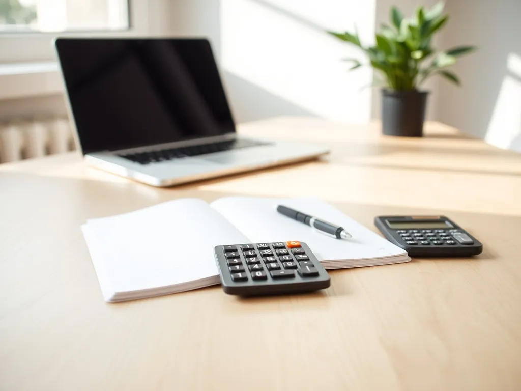 Minimalistyczne biurko z kalkulatorem i notesem w domowym biurze, nawiązanie do spokojnego liczenia wynagrodzenia netto.