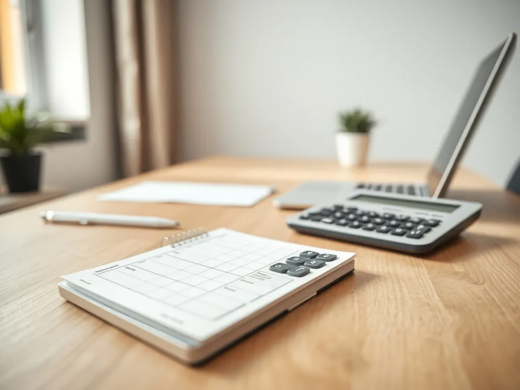 Kalkulator, długopis i wydruk wypłaty na biurku, symbolizujące obliczanie wynagrodzenia brutto na netto.