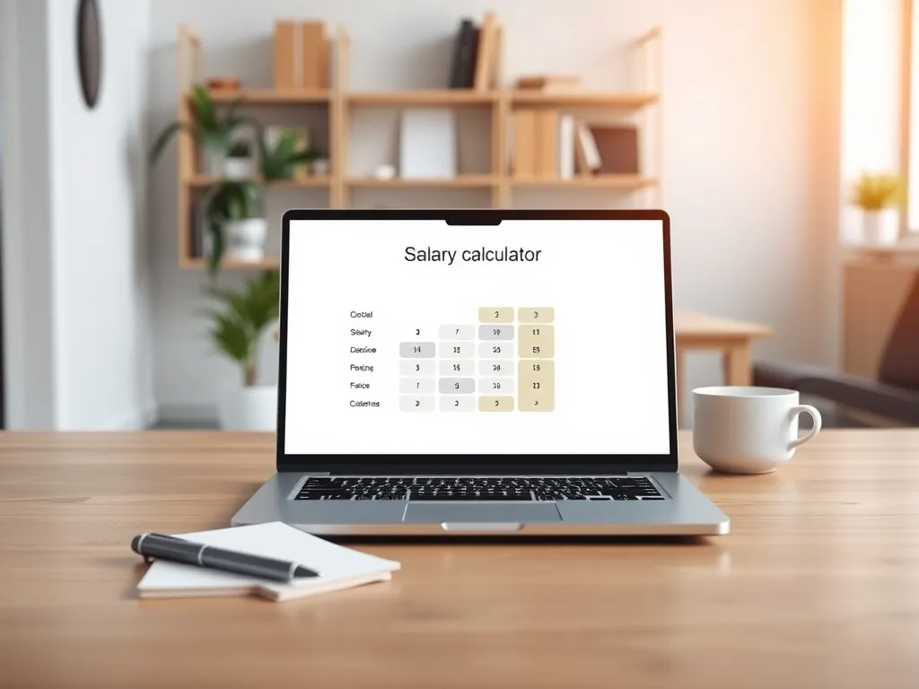 Laptop z kalkulatorem wynagrodzeń na biurku w nowoczesnym biurze, symbolizujący przeliczanie pensji netto na brutto