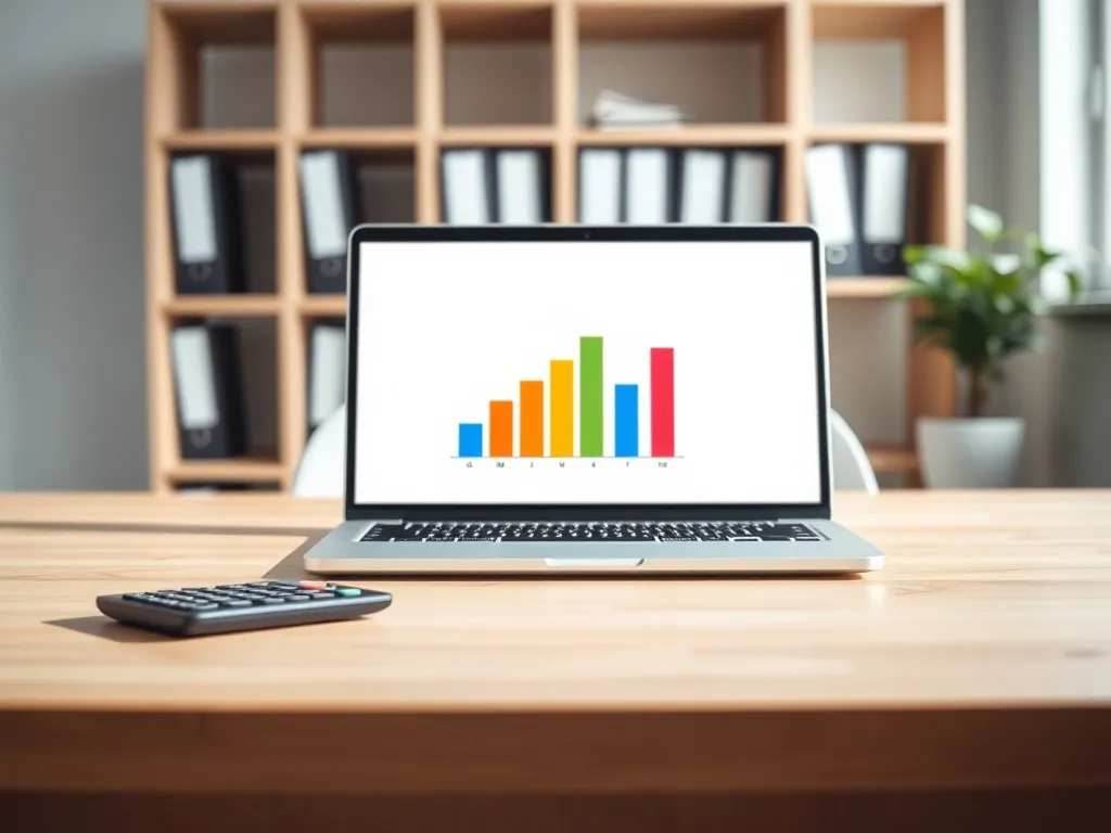 Laptop z kolorowym wykresem słupkowym i kalkulator na biurku, symboliczne obliczanie pensji brutto na netto.