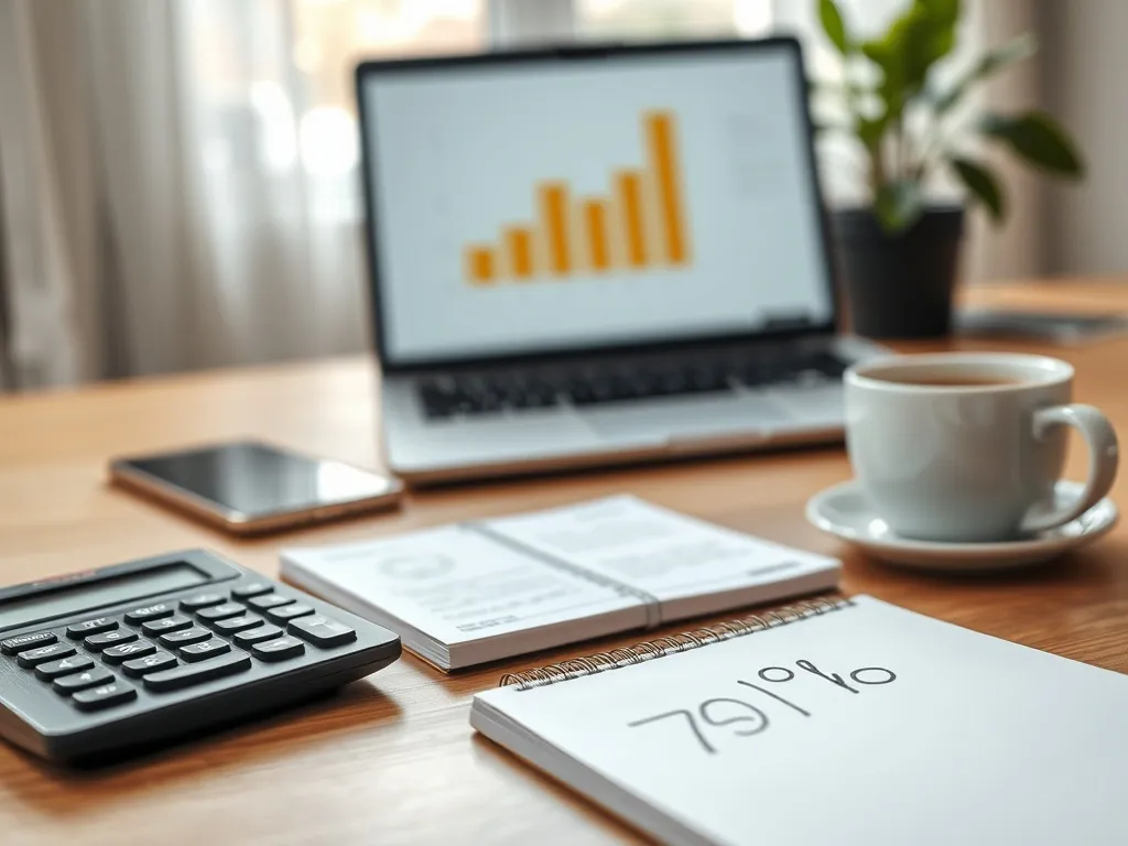 Biurko z kalkulatorem, notatnikiem i laptopem z wykresem słupkowym, symbolizujące obliczanie pensji brutto-netto.