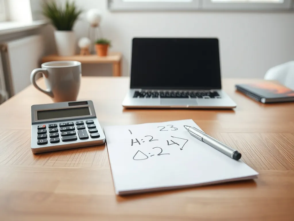 Biurko z kalkulatorem, notatnikiem i długopisem w jasnym domowym biurze, symbolizujące obliczanie pensji netto z brutto.