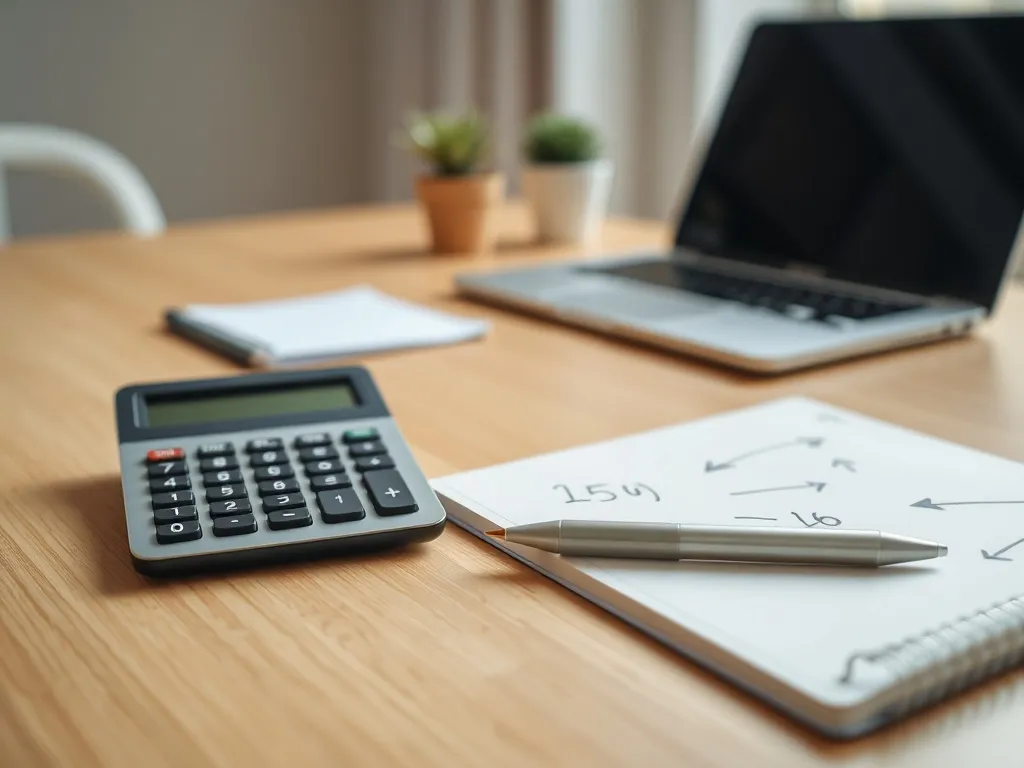 Minimalistyczne biurko z kalkulatorem i notesem, symbolizujące spokojne, domowe obliczanie pensji netto i brutto.