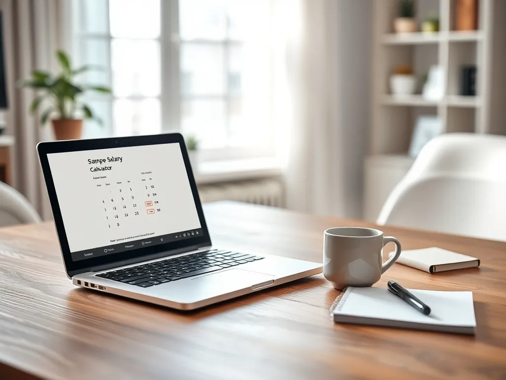 Laptop z prostym kalkulatorem pensji na schludnym biurku obok notatnika i kawy, w jasnym, minimalistycznym domowym biurze.