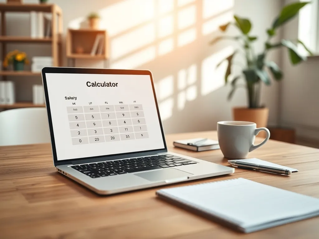 Laptop z prostym kalkulatorem wynagrodzeń na biurku w domowym biurze, obok notesu, długopisu i filiżanki kawy.
