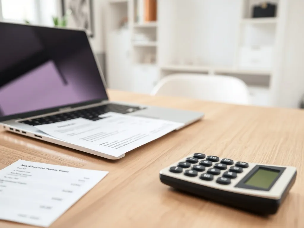 Biurko z laptopem, kalkulatorem i paskiem płac, ilustrujące obliczanie wynagrodzenia brutto na netto.
