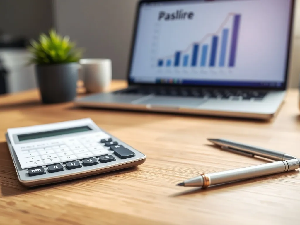 Biurko z kalkulatorem, paskiem płac i laptopem z wykresem słupkowym, symbolizujące obliczanie wynagrodzenia brutto-netto