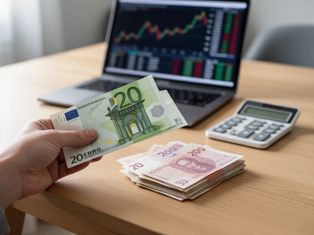 Dłoń trzymająca banknot 20 euro obok pliku złotówek na biurku, w tle laptop z wykresem kursu walut i kalkulator