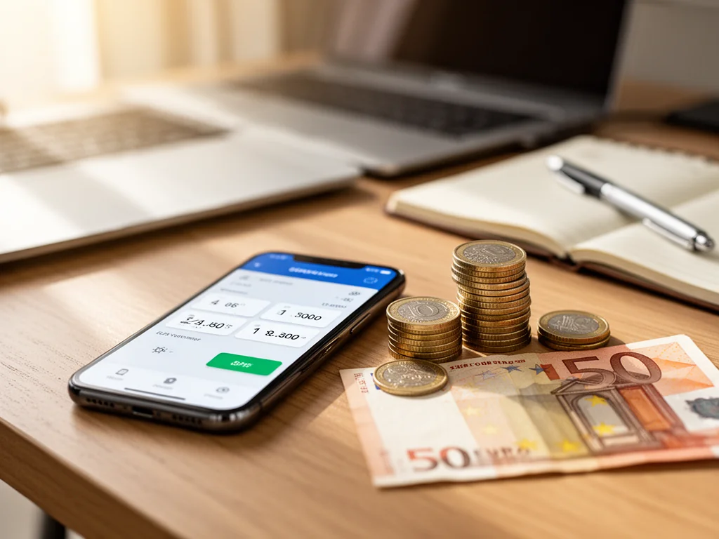 Smartfon z przelicznikiem walut obok monet i banknotu 50 euro na biurku, symbolizujący łatwe obliczanie kursu 150 euro.