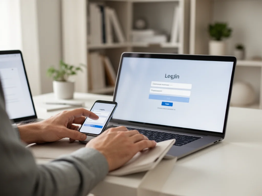 Osoba loguje się do konta na laptopie i smartfonie w nowoczesnym, minimalistycznym domowym biurze.