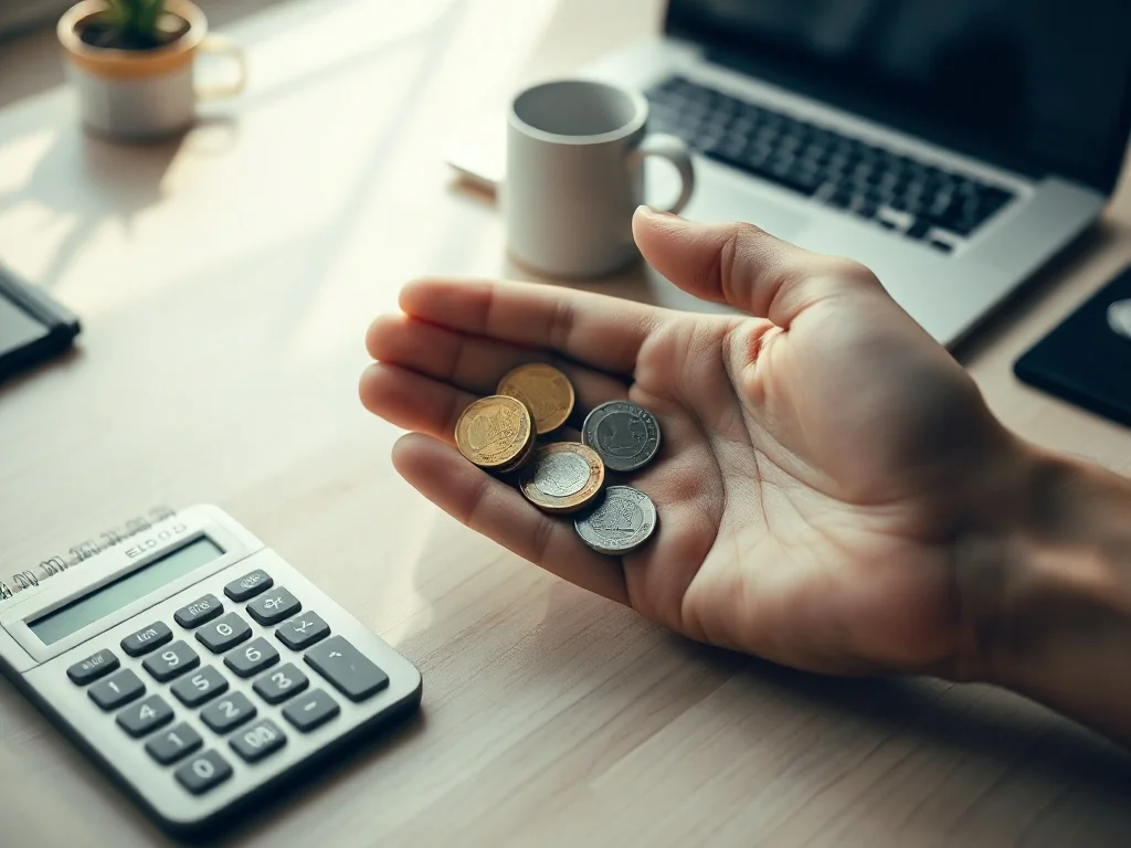 Dłoń trzymająca monety i banknot 10 euro obok kalkulatora i notesu, symbolizująca przeliczanie euro na złotówki.