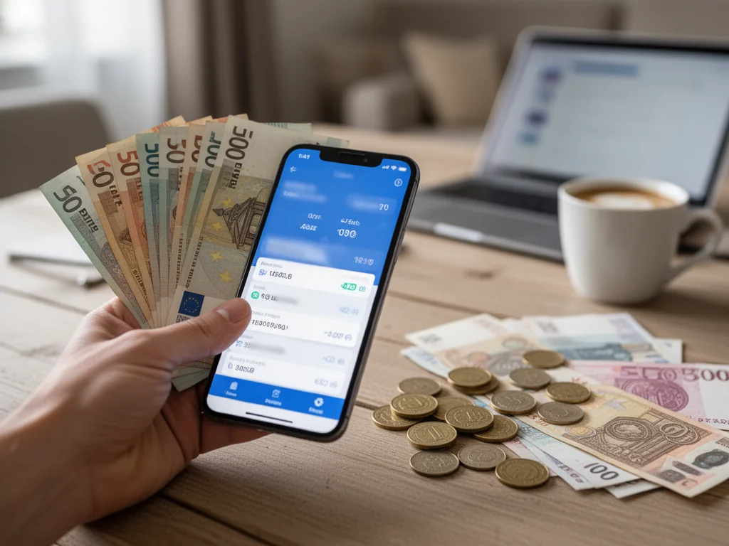 Dłoń trzymająca banknoty euro i smartfon z przelicznikiem walut, na stole rozłożone monety i banknoty złotowe