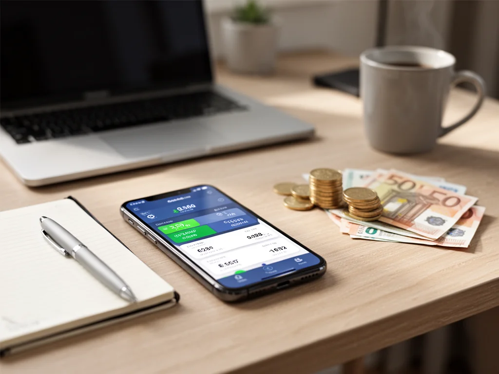 Smartfon z aplikacją przelicznika walut euro na biurku z monetami i banknotami, w domowym biurze, pomaga obliczyć 2500 euro.