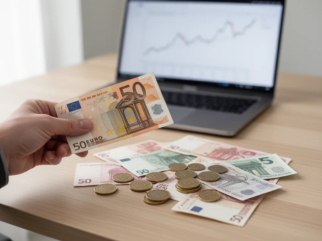 Dłoń trzymająca banknot 50 euro obok rozłożonych złotówek i monet, w tle rozmyty wykres kursu walut na laptopie.