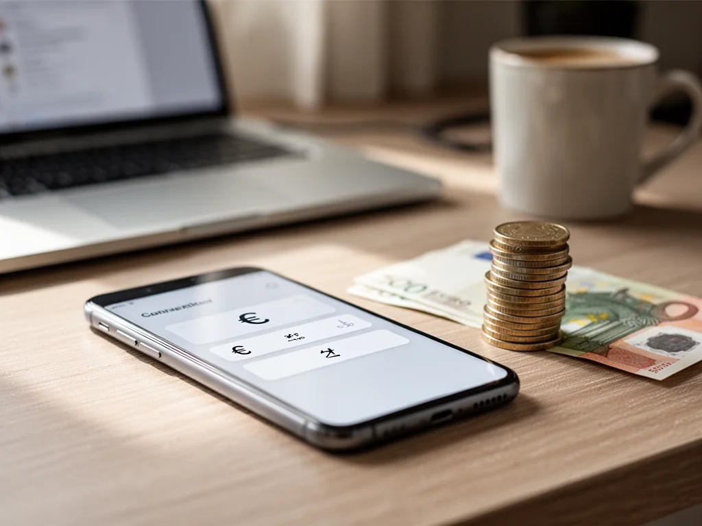 Smartfon z otwartym przelicznikiem walut euro–złoty na biurku obok monet i banknotu euro w domowym biurze