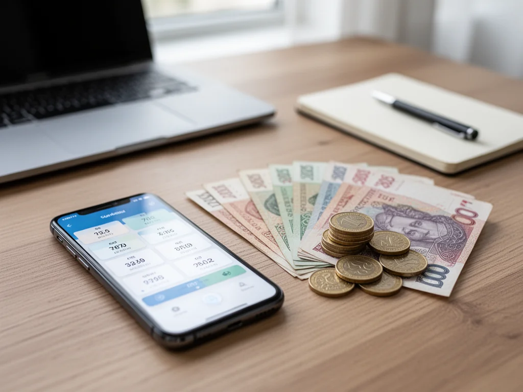 Smartfon z aplikacją przeliczającą waluty obok banknotów złotych i monet koron czeskich na biurku w naturalnym świetle
