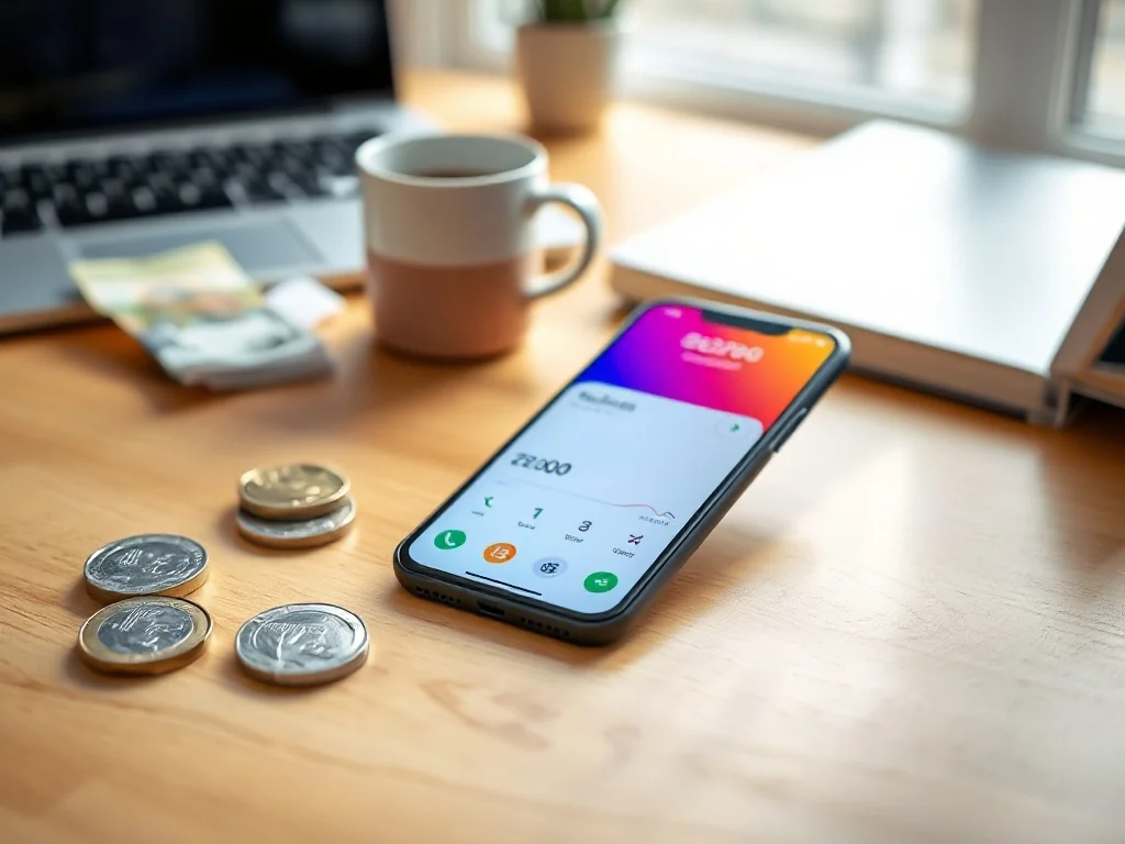 Smartfon z kolorowym przelicznikiem walut euro na złotówki na biurku, obok monety i banknot euro w domowym biurze.